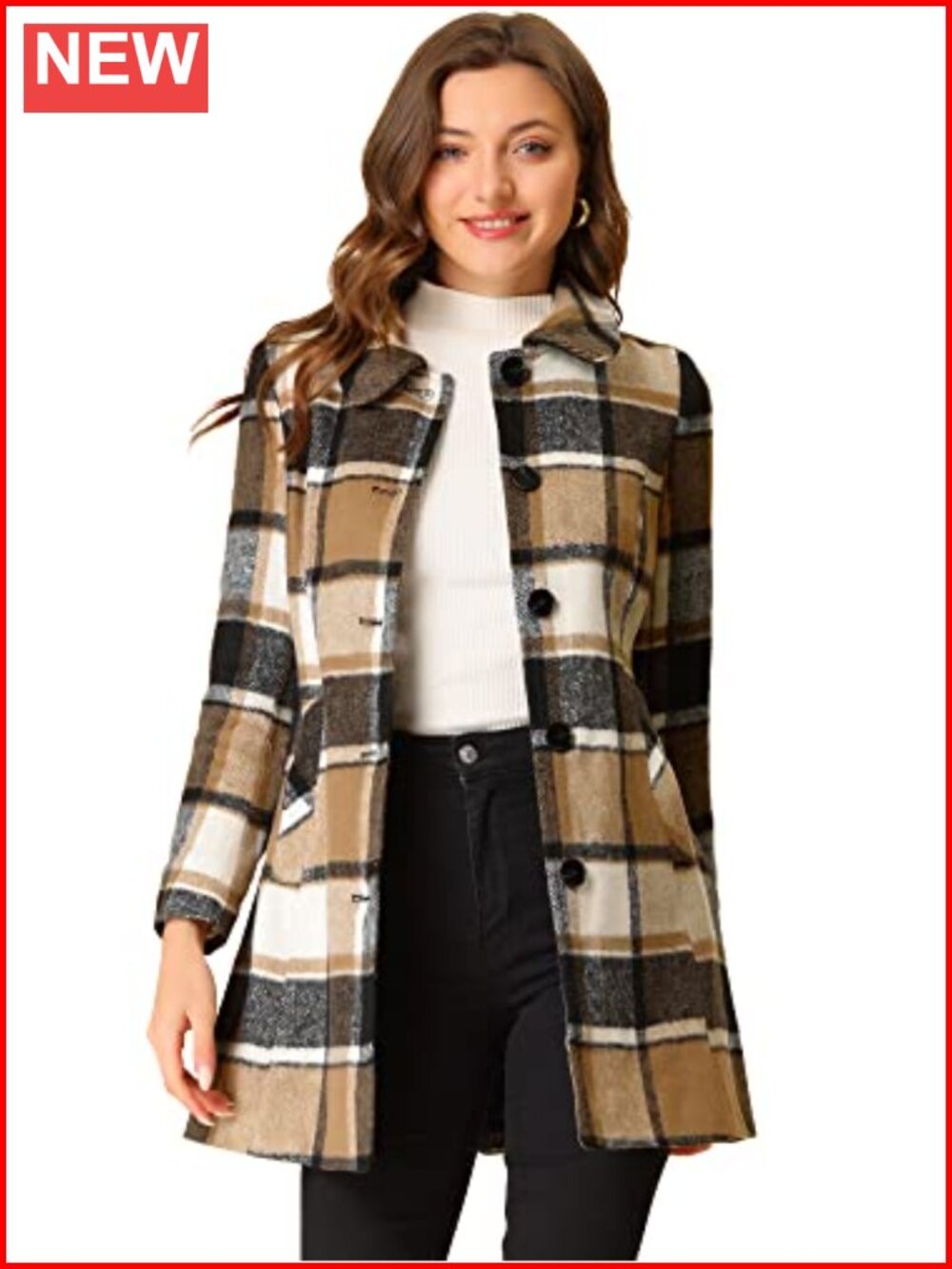 Wool Blend Plaid Shacket, Peter Pan Collar, Long Sleeve, Winter Coat